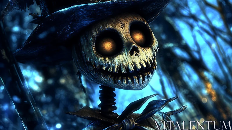 Glow-eyed scarecrow guardian in a moonlit haunted forest.