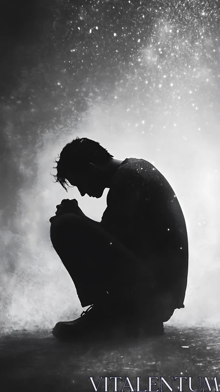 Silhouetted dreamer curled beneath a storm of quiet stars.