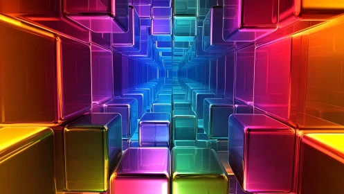 Vibrant 3D Glass Cubes in Futuristic Tunnel Digital Art.