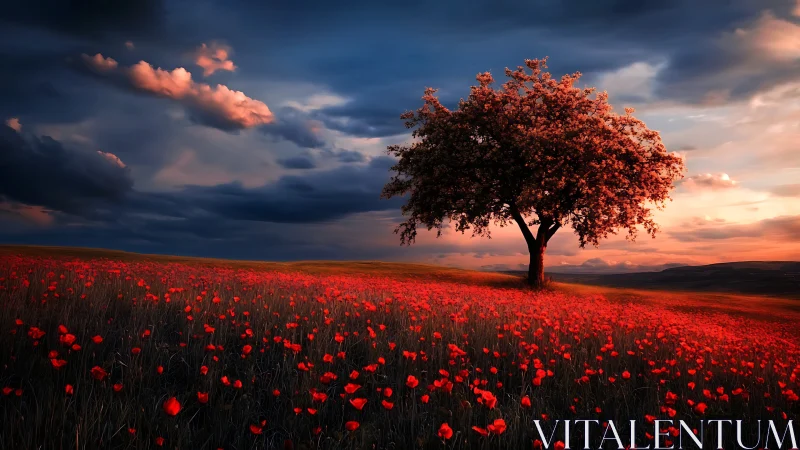 Solitary flowering tree over scarlet poppy meadow at sunset