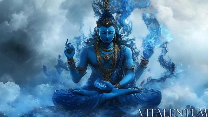 Blue-skinned deity sits in meditation amid swirling blue flames