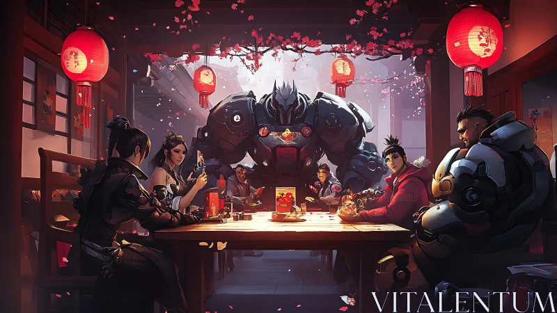 Cybernetic heroes share festive lantern-lit meal in stylized hall