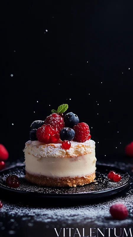 Individual cream cake with fresh berries and powdered sugar on dark plate