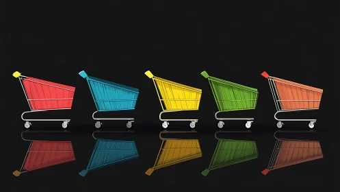 Chromatic supermarket carts rendered in aligned reflective row