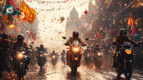 Motorcycle riders move through crowded festive street scene.