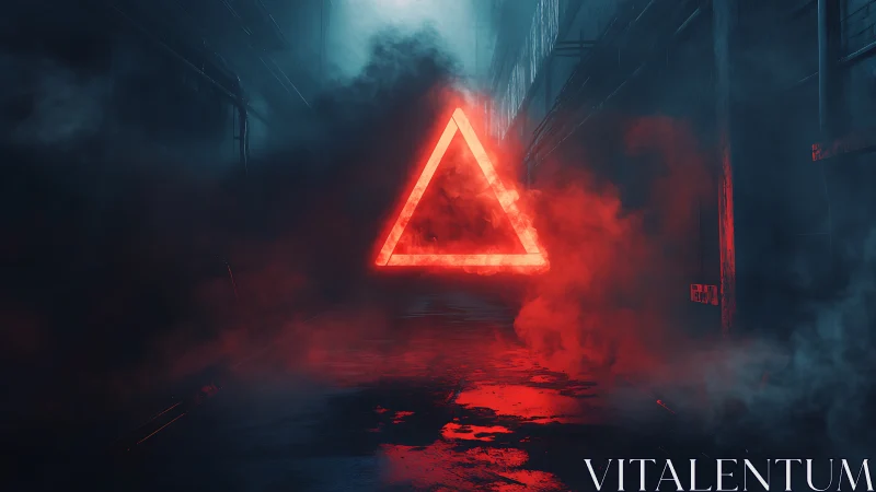 Glowing red triangle in dark industrial alley at night.