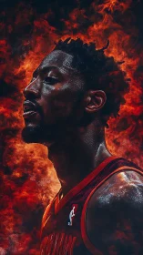 Fiery basketball portrait in molten red atmospheric glow.