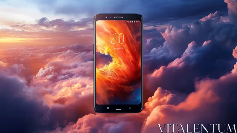 Smartphone floats centered above vivid sunset clouds