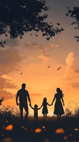 Silhouetted family walks through field at warm sunset sky