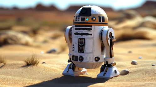 Desert rover droid pauses mid-quest beneath twin suns