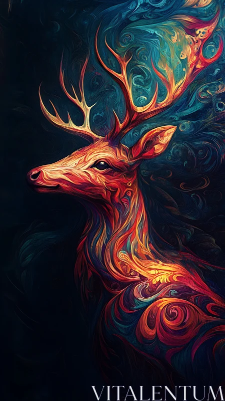 Luminous stag portrait in swirling neon chromatic currents.