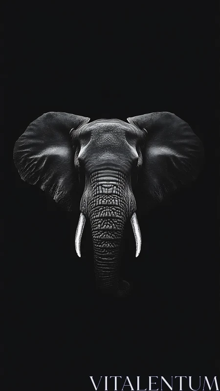 Monochrome elephant portrait on deep black background.
