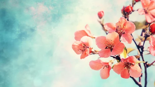 Coral blossoms against soft cyan sky with atmospheric depth