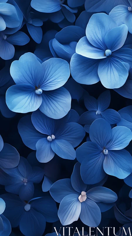 Blue Hydrangea Blooms Clustered Against Dark Background