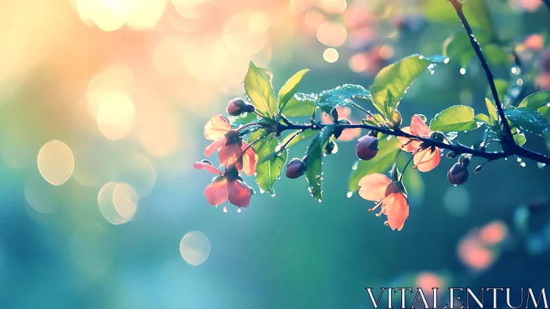 Branch with Pink Flowers and Berries Under Warm Diffused Light