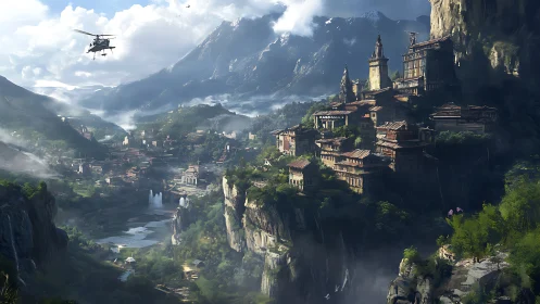 Helicopter surveys terraced cliffside citadel in expansive alpine valley