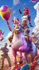 Pink-haired rider commands colorful unicorn in battle sky