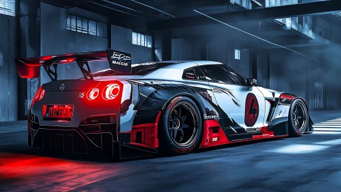 Modified racing coupe in industrial warehouse setting at night.