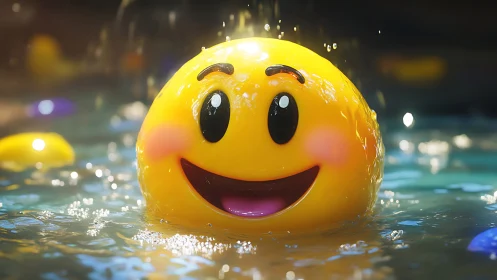 High-gloss smiling emoji sphere emerging from rippling water
