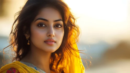 Sunlit portrait of woman in yellow veil at golden hour light
