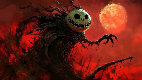 Sinister pumpkin wraith stalks beneath a blood-red moon