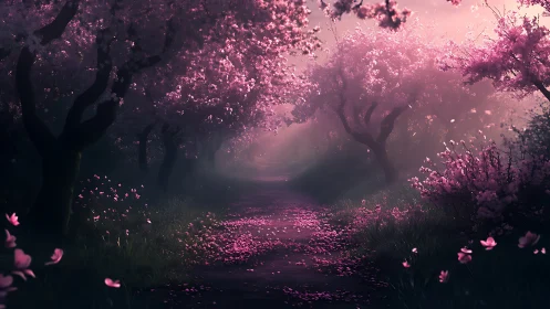Twilight petal tunnel under whispering cherry crowns.