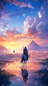 Lone rider on horse crossing sunset flooded plains.