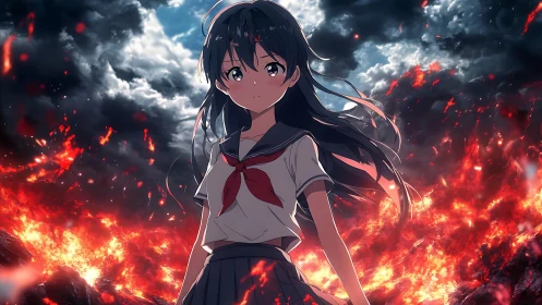 Schoolgirl stands steady as molten horizon unravels