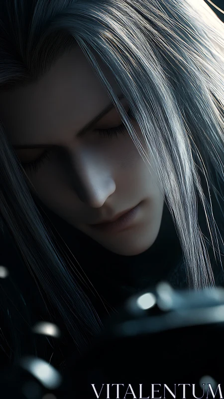 Silver-haired warrior in quiet, introspective close-up portrait.