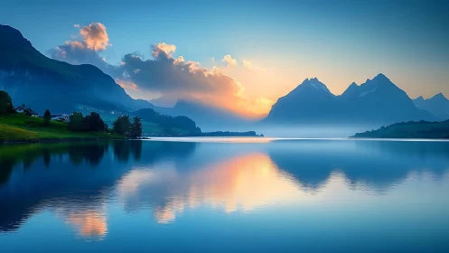 Mountain lake at sunrise with mirrored sky reflection.