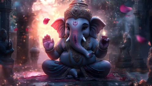 Divine elephant deity in glowing temple with drifting petals.