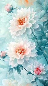 Luminous Dahlias with Coral Centers Against Soft Teal Palette.
