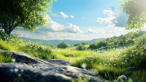 Sunlit meadow slope with rocks, grass and distant hills.