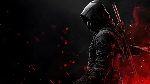 Hooded cyber ninja stands in red embers against black void