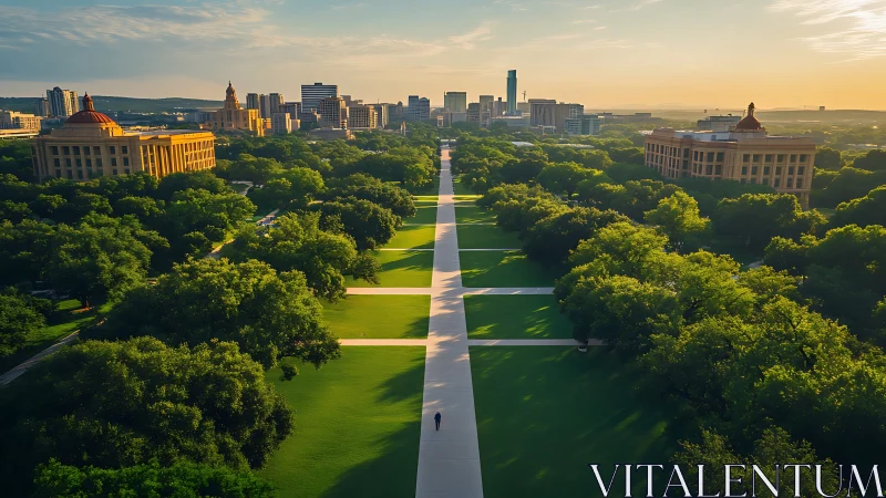 Sunlit campus promenade slicing emerald urban canopy.