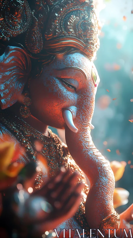 Ganesh sculpture close-up in warm devotional light.