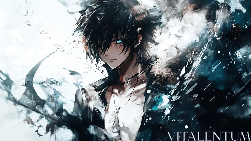 Brooding anime figure framed by abstract ink splashes.