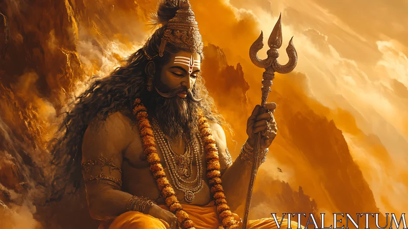 Ascetic deity holds trident amid molten golden peaks.