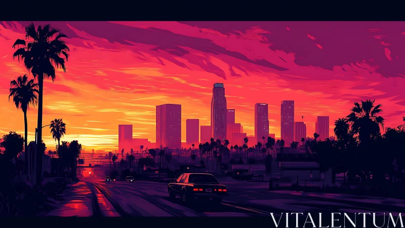 Neon sunset skyline over palm lined urban boulevard.