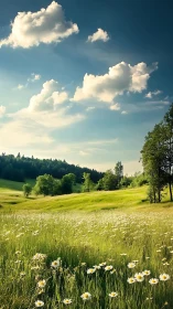 Daisy-lit meadow under wandering storybook clouds at noon.