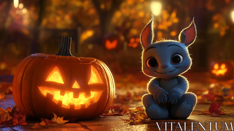 Blue plush creature beside glowing jack-o-lantern at dusk