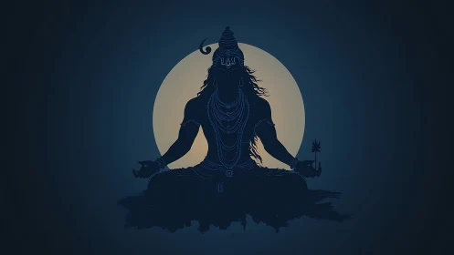 Silhouette of meditating deity against full moon background