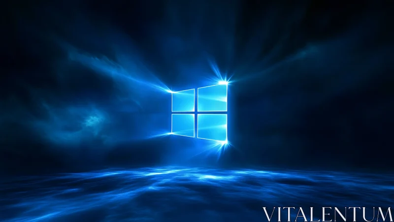 Radiant blue window logo glows over a misty digital horizon