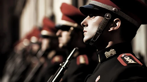 Ceremonial honor guard in shallow-depth optical formation.