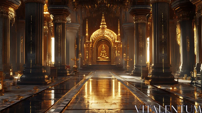 Golden temple hall glowing with quiet sacred light.