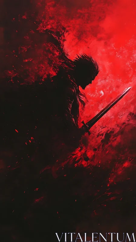 Shadow-wreathed swordsman drifts through a storm of red embers