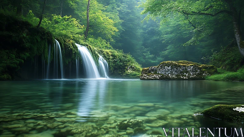 Forest waterfall pool with rocks and clear green water.