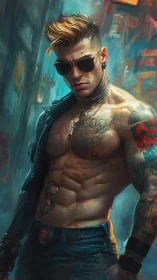 Street-forged cyber rebel flexing neon-soaked defiance.