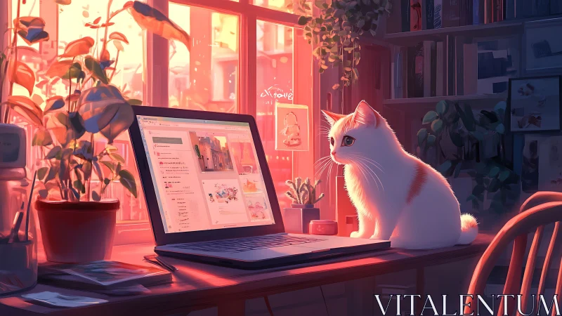 White Cat at Desk Bathed in Neon Pink Ambient Glow