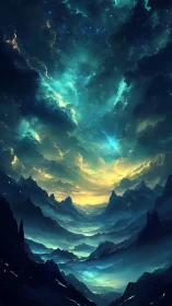 Celestial valley beneath luminous teal cosmic storm.